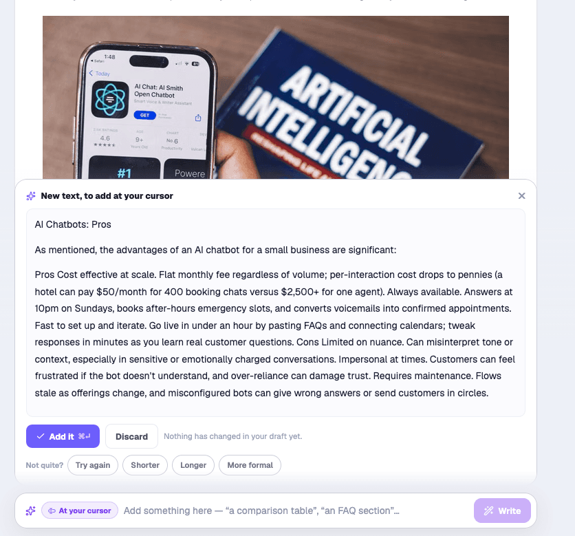The Ask-AI dock showing a proposed edit before it is applied