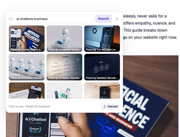 Searching free stock photography from inside the editor