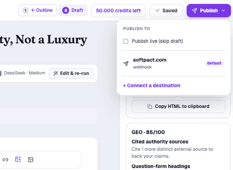 The Publish menu: publish live or as a draft, to a connected destination