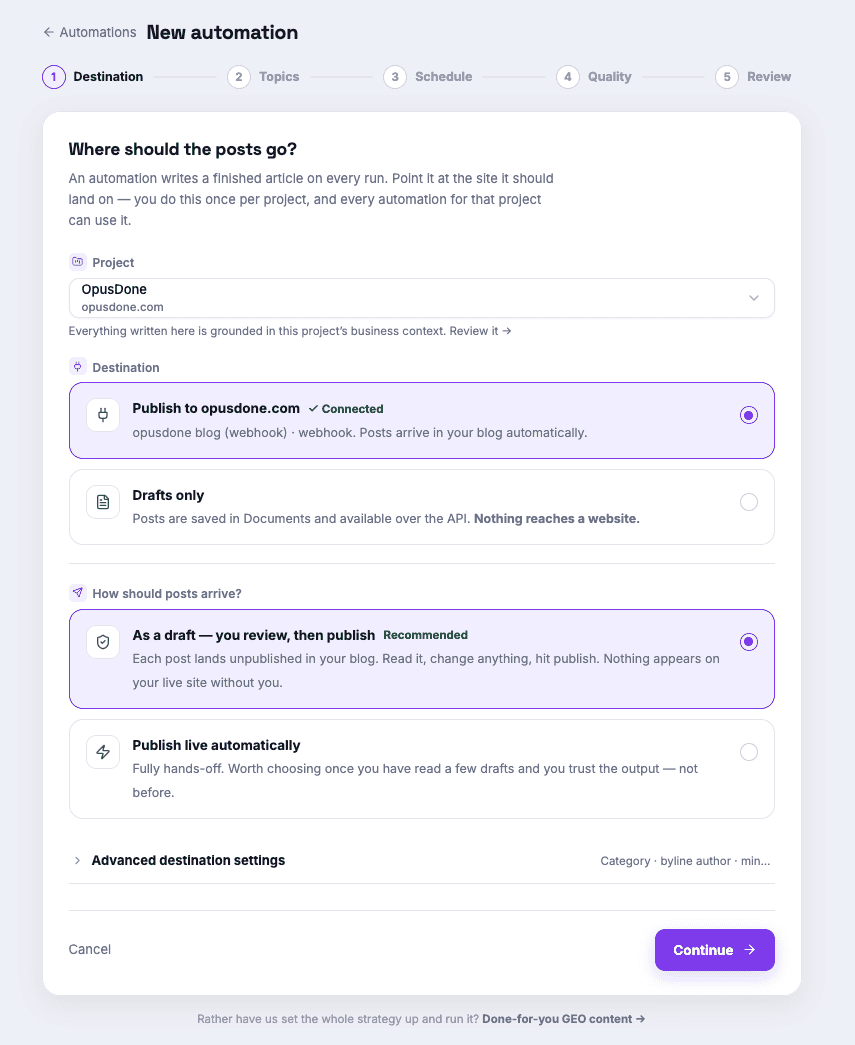 The automation wizard: where posts go, and whether they arrive as a draft you review or publish live