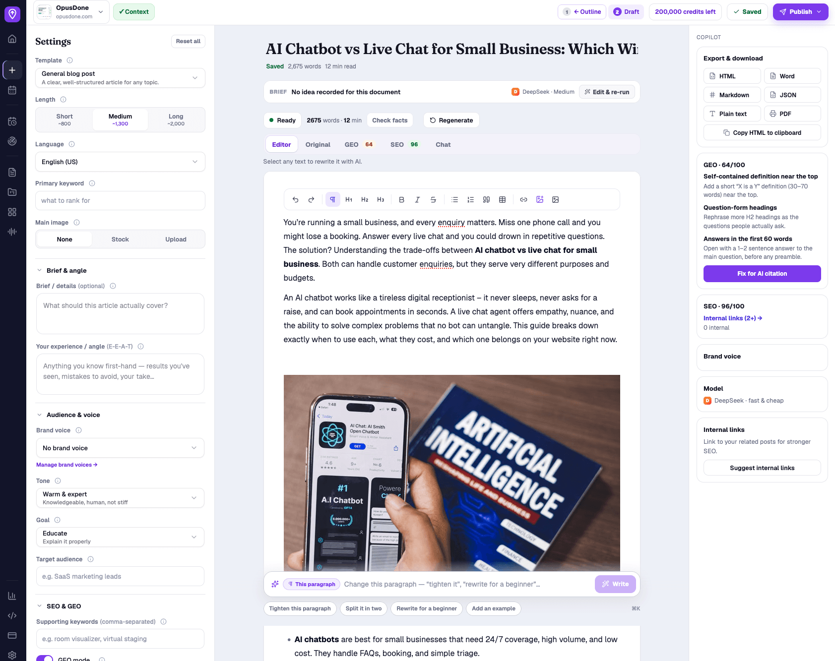 The ActiveGeo workspace: settings, the article, and the copilot panel side by side
