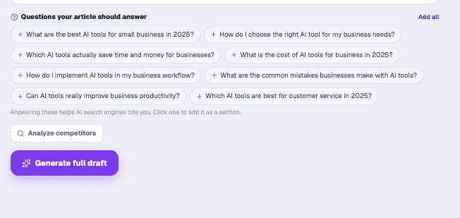 Suggested People-Also-Ask questions, each one clickable to add as a section